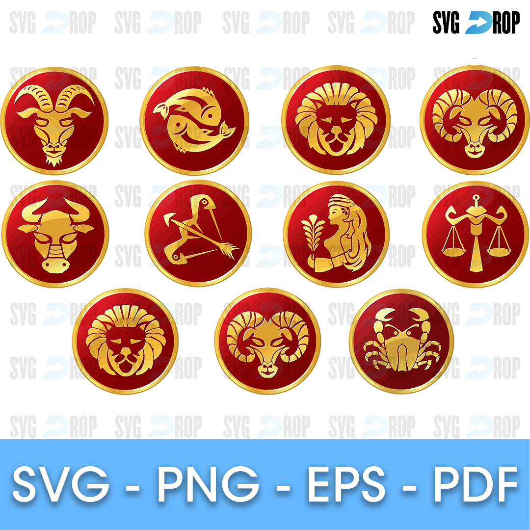 Zodiac Red and Gold Badges Bundle SVG