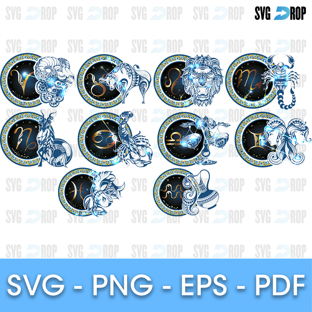 A set of zodiac sign medallions in a silvery blue metallic style, each round badge showing the animal or figure of a star sign, such as. SVG bundle