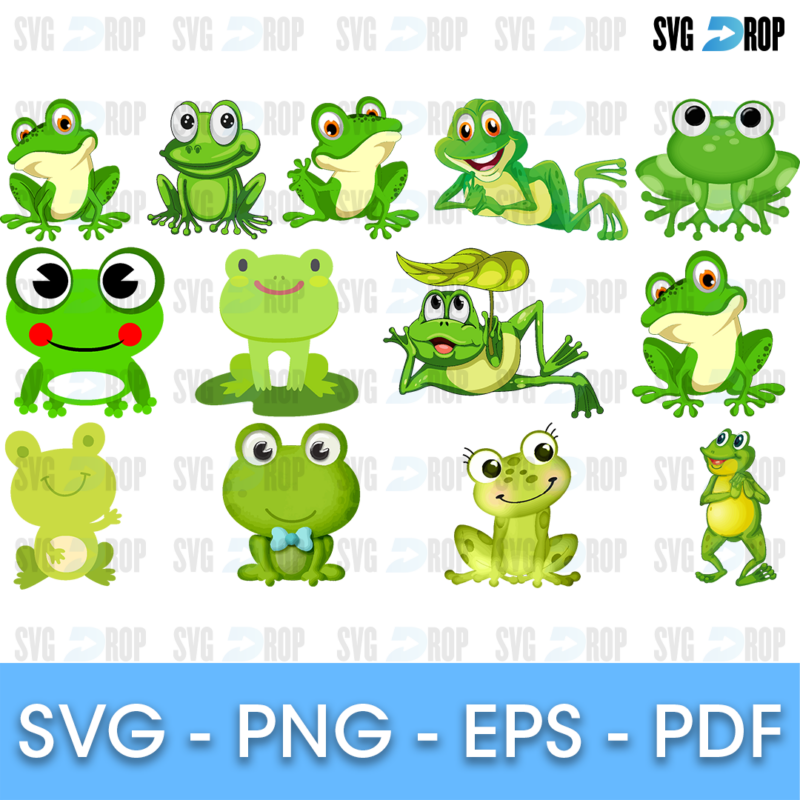 A sheet of cute cartoon frogs in green: frogs sitting, jumping, lying down, smiling with big eyes, one with a bow tie and one under. SVG bundle