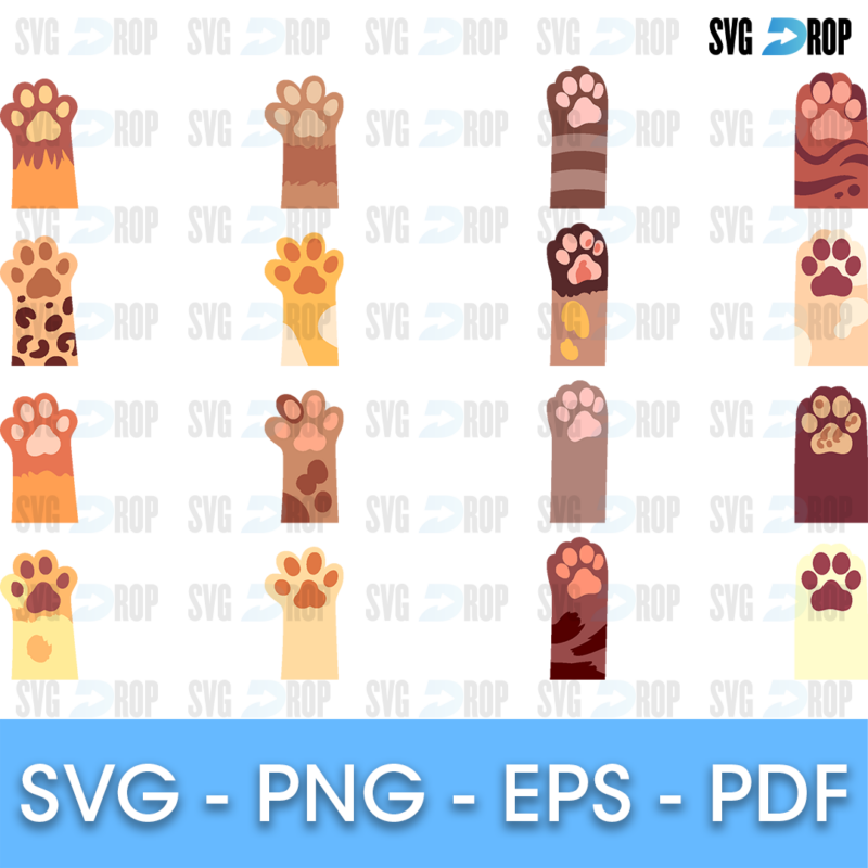 A cat paw set in full color: raised cat paws and arms in calico, orange, brown, grey, cream and white fur, each with pink toe beans. SVG bundle