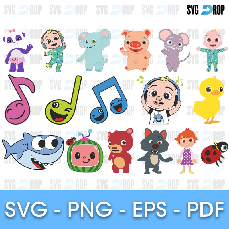 A full color Cocomelon bundle: JJ, baby characters, the watermelon logo, colorful music notes, a shark, a duck, a pig, a mouse. SVG bundle