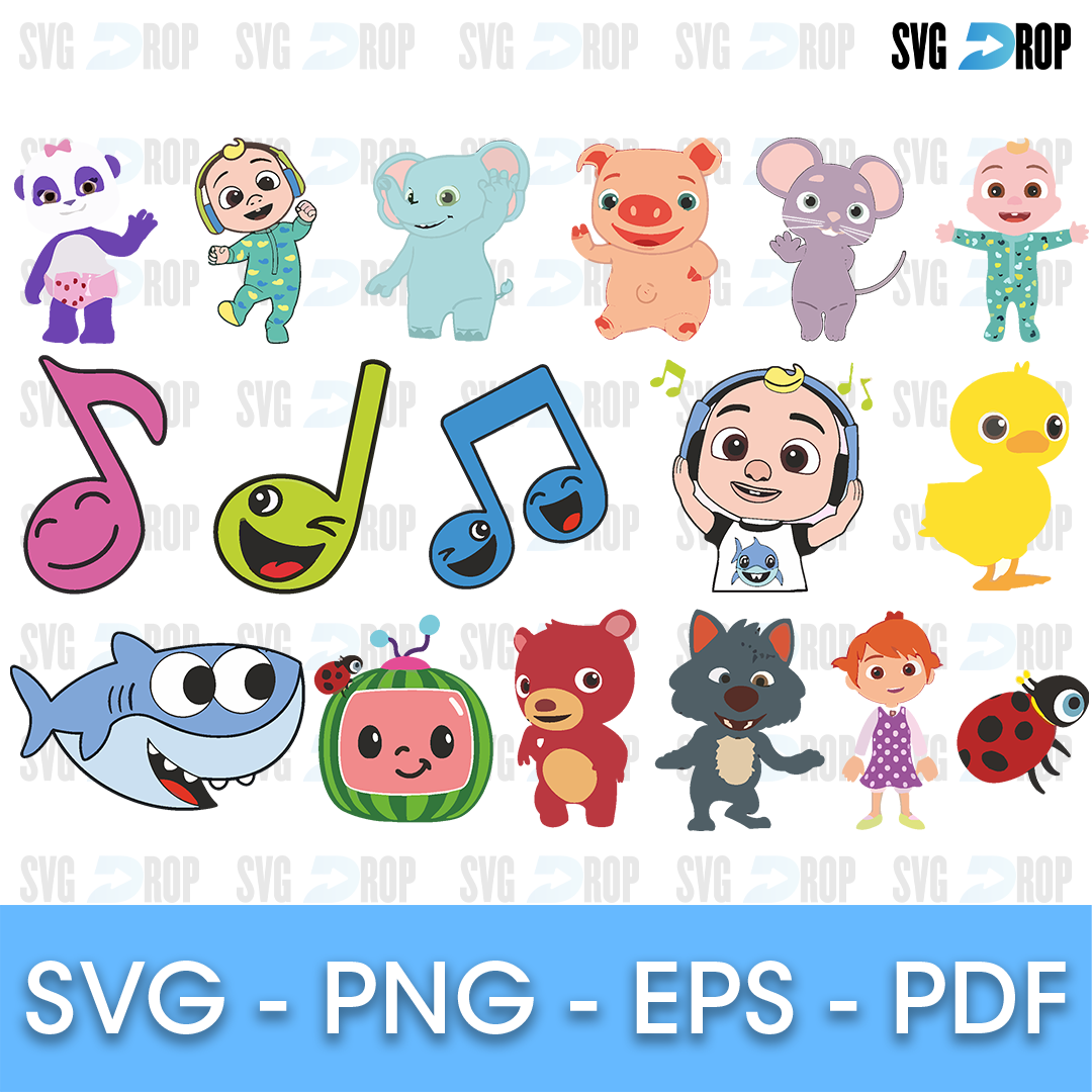 A full color Cocomelon bundle: JJ, baby characters, the watermelon logo, colorful music notes, a shark, a duck, a pig, a mouse. SVG bundle