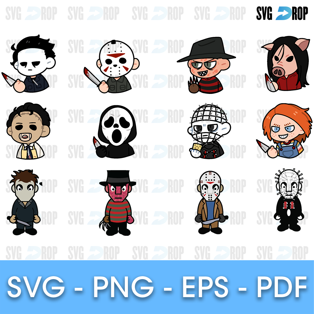 A sheet of cute chibi horror movie characters in full color: Michael Myers, Jason, Freddy Krueger, Ghostface, Chucky, Leatherface. SVG bundle