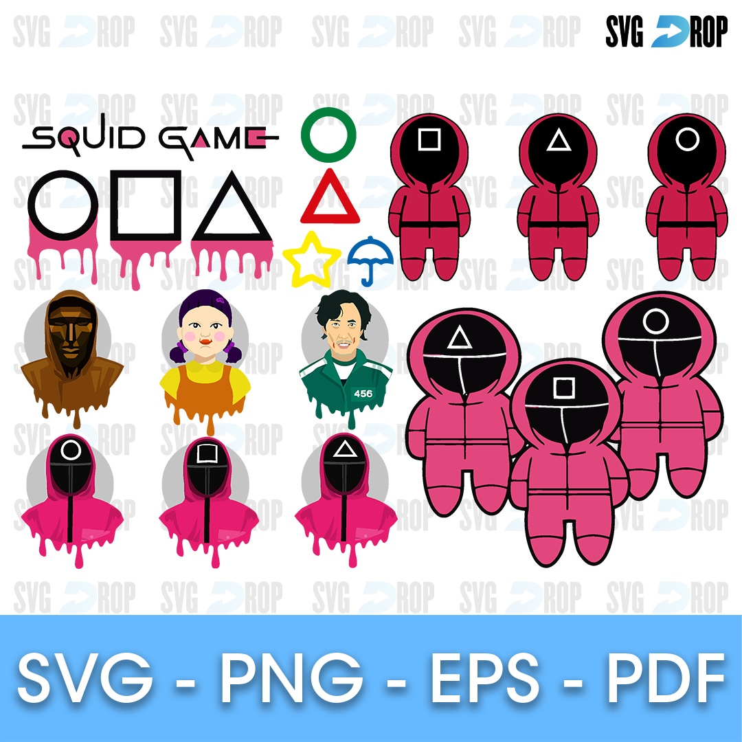 A Squid Game sheet: the logo, circle, triangle and square symbols, pink guards with shape masks, the giant doll, character portraits. SVG bundle