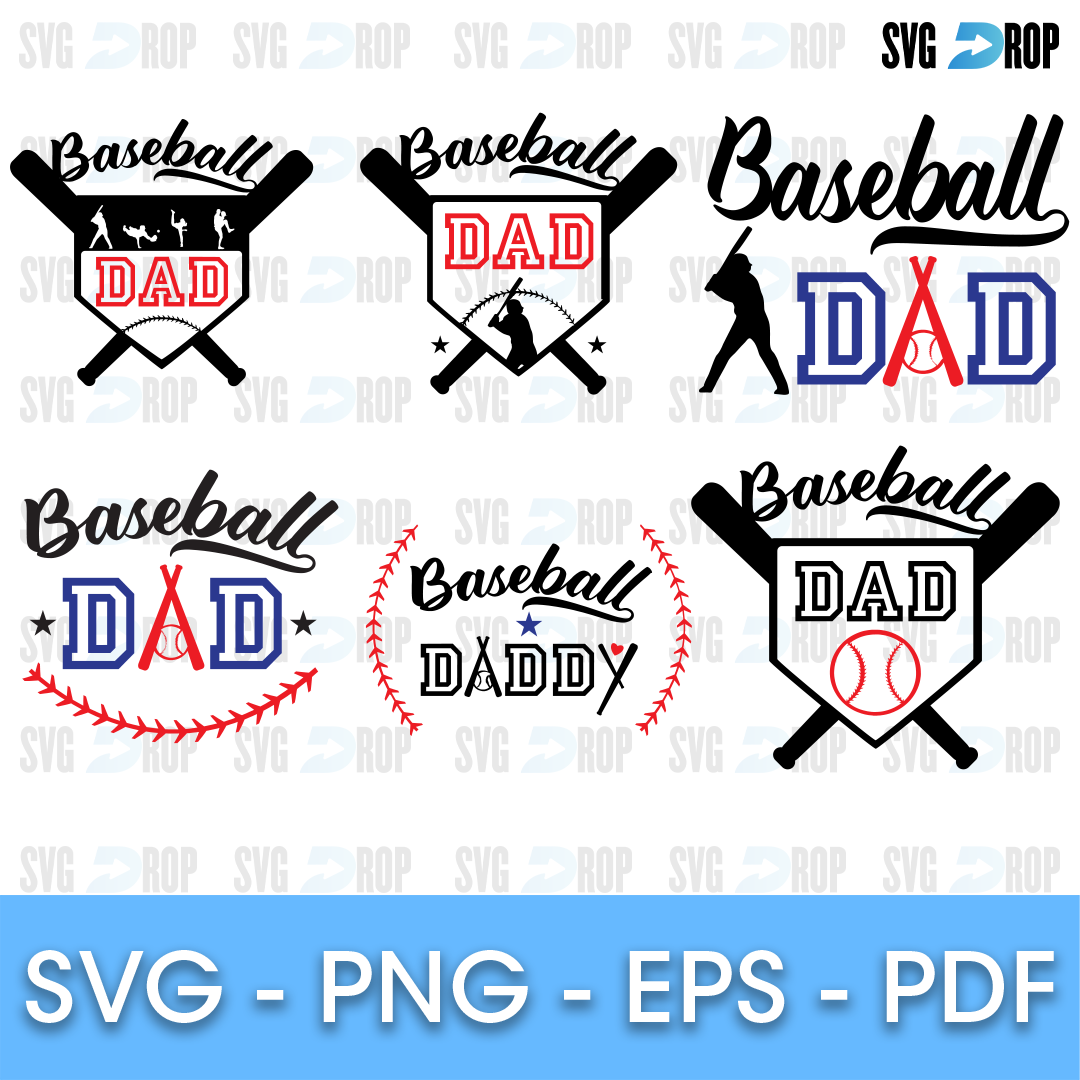 A baseball dad set: Baseball Dad and Baseball Daddy lettering in black, red and blue, with crossed bats, a home plate, baseball stitches. SVG bundle