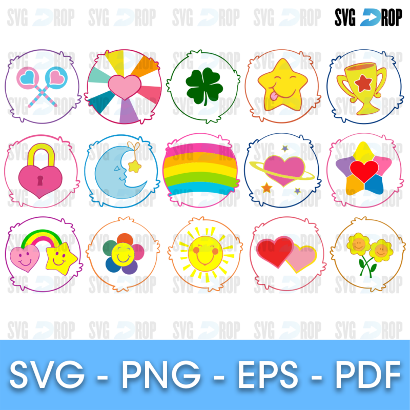 A sheet of Care Bears belly badge symbols in full color: a rainbow, a heart lock, a four leaf clover, a smiling star, a sun, a moon. SVG bundle