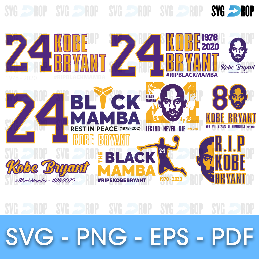 A purple and gold Kobe Bryant tribute set: number 24 and 8 designs, Black Mamba lettering, Rest in Peace and 1978 2020 dates. SVG bundle