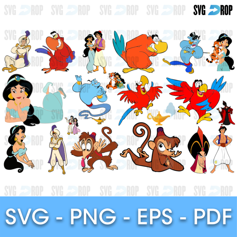 A full color Aladdin character collage: Jasmine, Aladdin, the blue Genie, Iago the red parrot, Abu the monkey, Jafar, the magic carpet. SVG bundle