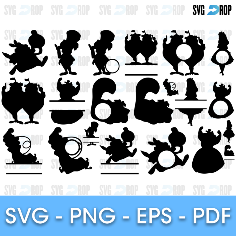 A set of black Alice in Wonderland silhouettes with split and circle monogram frames: Alice, the Mad Hatter, the White Rabbit. SVG bundle