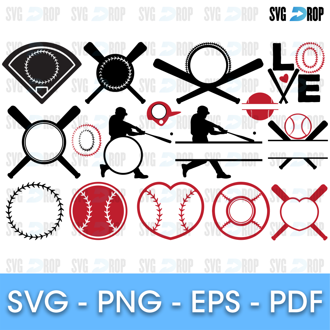 A set of black and red baseball designs: diamond and split monogram frames, crossed bats, batter silhouettes, a LOVE design with a ball. SVG bundle