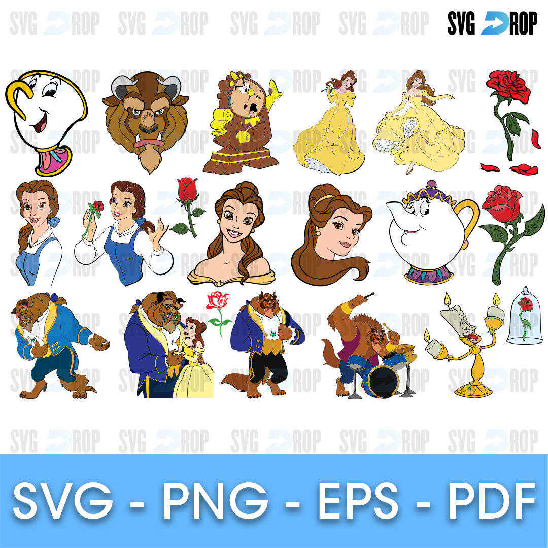 A Beauty and the Beast set in full color: Belle in her yellow gown and blue dress, the Beast, Lumiere, Cogsworth, Mrs. Potts, Chip. SVG bundle