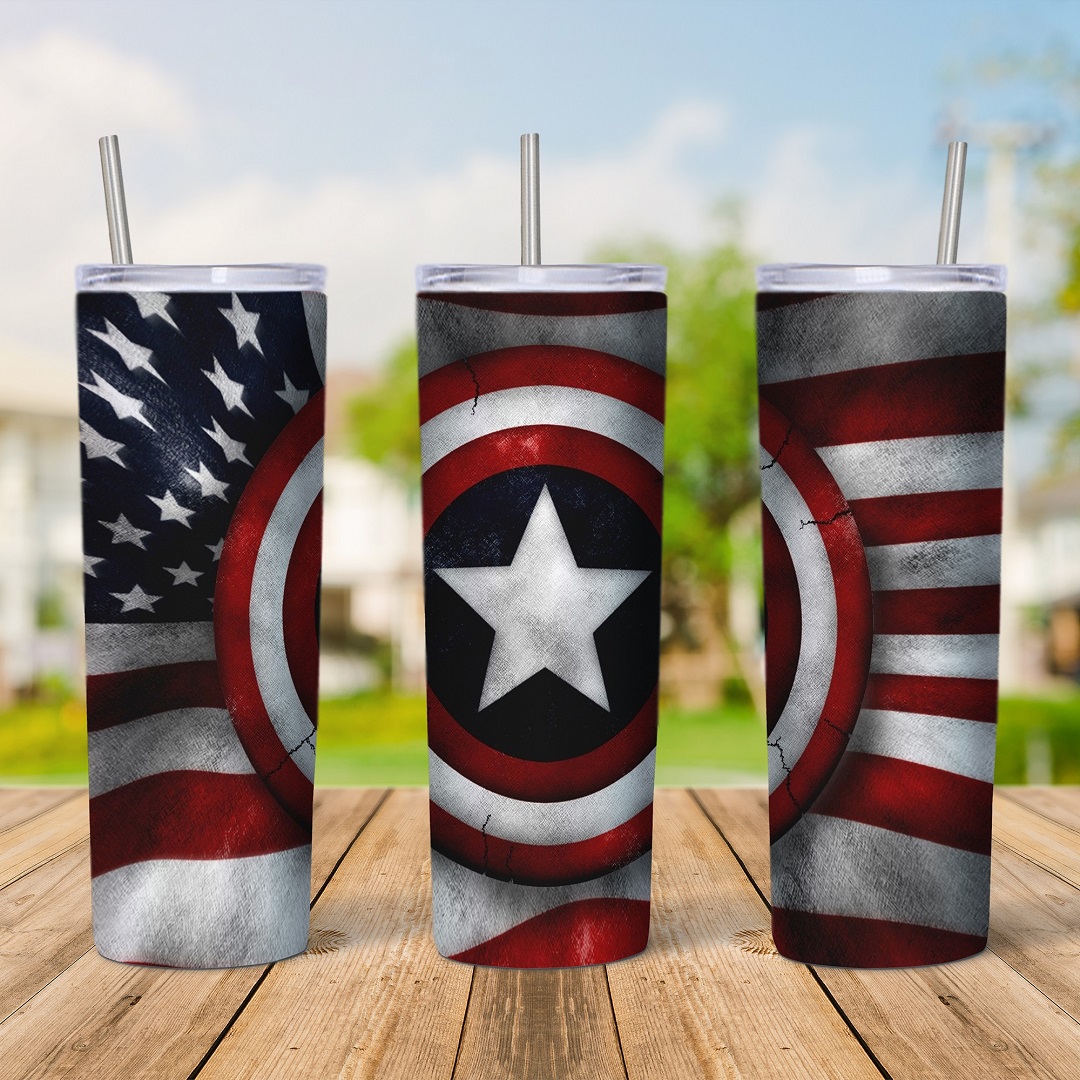 A 20 oz skinny tumbler wrap with Captain America’s round shield in the center of a waving, weathered American flag. Sublimation design
