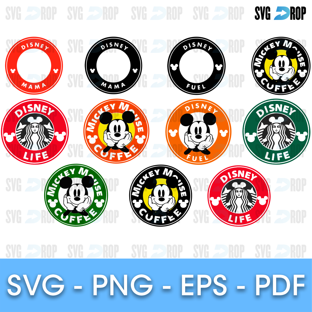 A set of Disney Starbucks style cup logos: Mickey Mouse Coffee, Disney Life, Disney Fuel and Disney Mama rings with Mickey and the siren. SVG bundle
