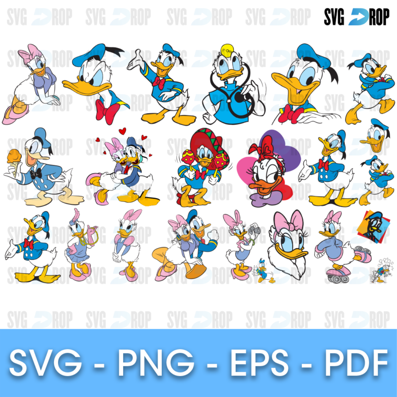 A sheet of full color Donald Duck and Daisy Duck clipart: sailor suits, hearts, kisses, Uncle Scrooge and a Donald head with a tiara. SVG bundle