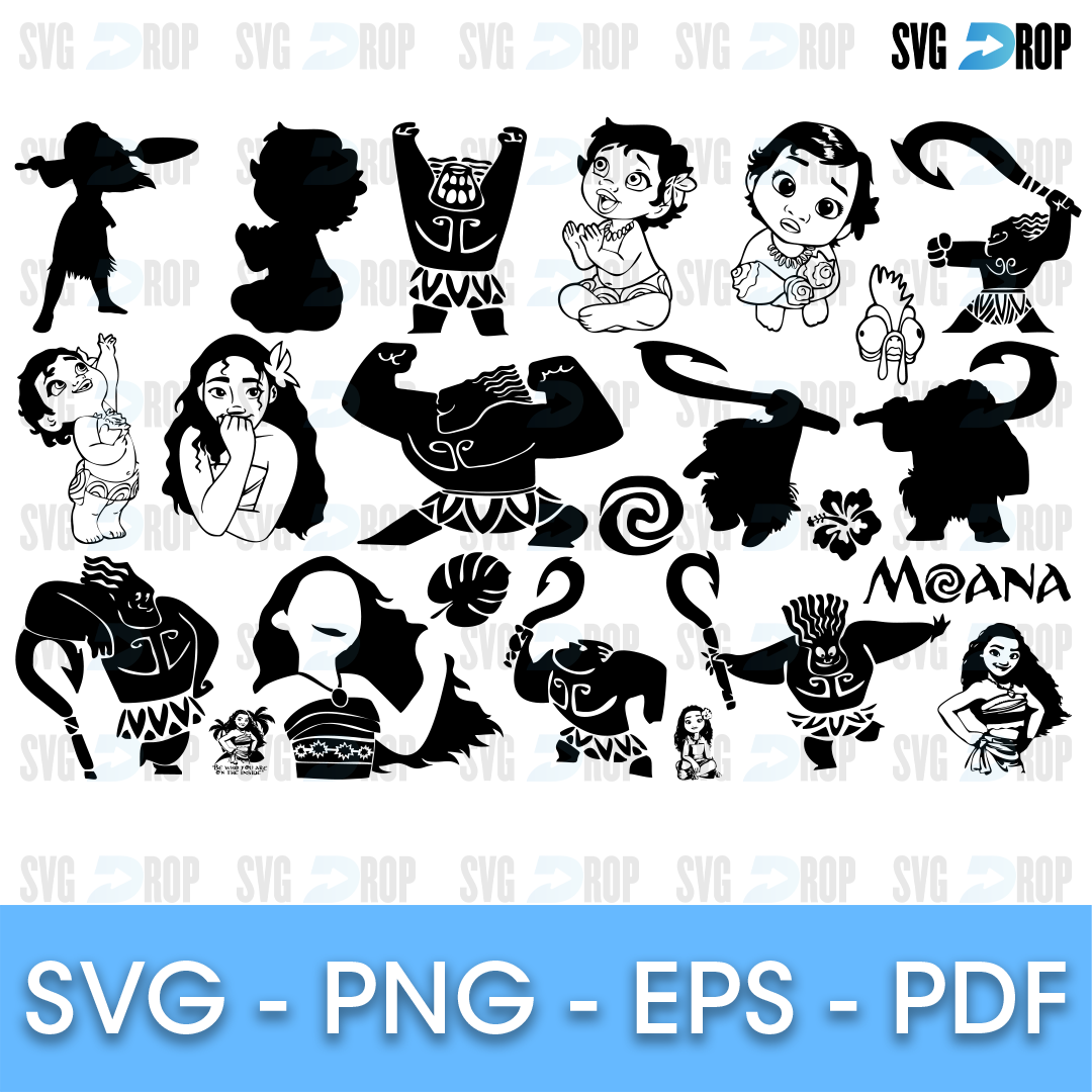 Black Moana silhouettes: Maui with his fishhook, baby Moana, Moana in several poses, Pua, Heihei and Moana lettering. SVG bundle