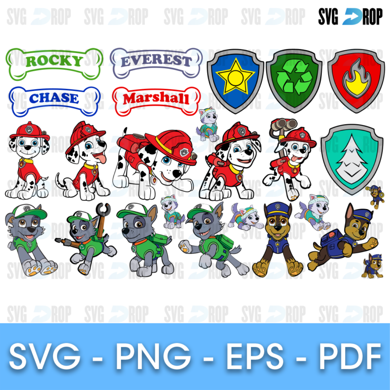A full color Paw Patrol set: bone name tags, shield badges, and Marshall, Rocky and Chase in many poses, plus Everest. SVG bundle