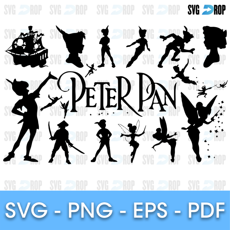 A set of black Peter Pan silhouettes around Peter Pan lettering: Peter flying, Tinker Bell with a star trail, Captain Hook, Wendy. SVG bundle