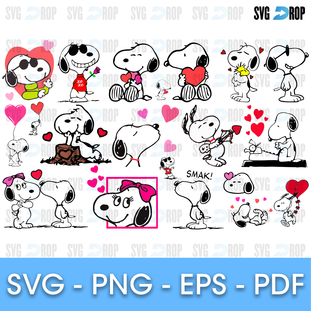 A Valentine Snoopy design set: Snoopy and Belle with red and pink hearts, kisses, balloons, a heart framed portrait and SMAK lettering. SVG bundle