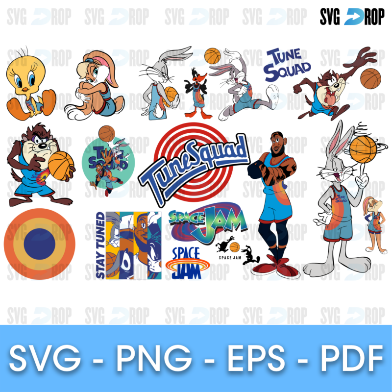 A Space Jam sheet: the Tune Squad logo, Stay Tuned and Space Jam lettering, Tweety, Taz, Bugs, a player in a Tune Squad jersey. SVG bundle