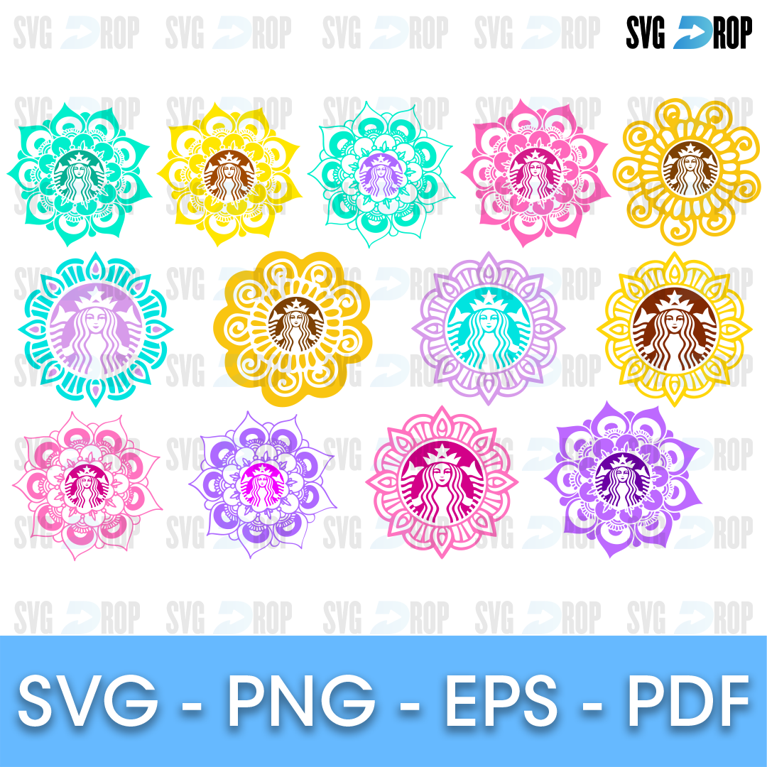 A set of Starbucks siren logos framed by mandala flower petals in pastel colors: turquoise, pink, yellow, lilac and purple versions. SVG bundle
