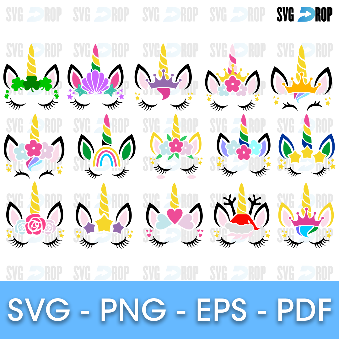 A sheet of unicorn faces with closed eyes and long lashes, golden horns and flower crowns, some with rainbows, hearts, crowns. SVG bundle