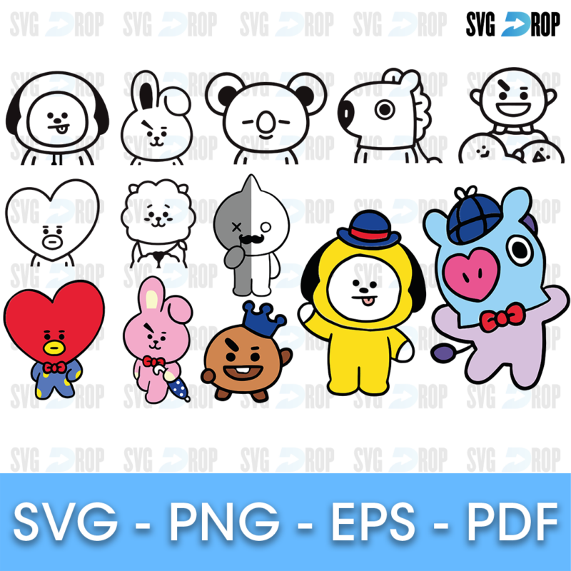 A set of BT21 characters in black outline and full color: Chimmy, Cooky, Koya, Mang, RJ, Shooky, Tata and Van, including Tata as a red. SVG bundle