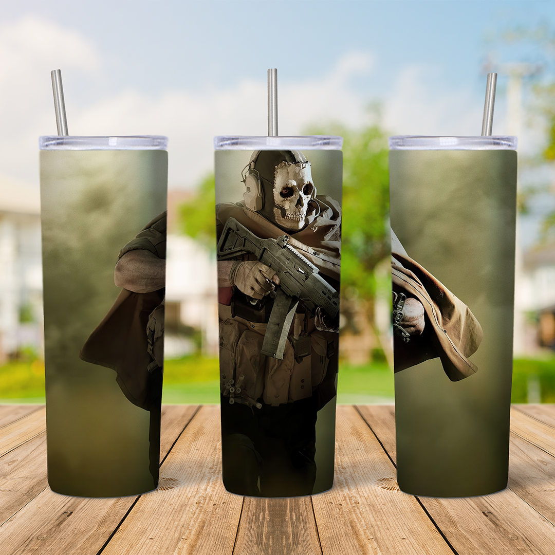 20 Oz Call of Duty Ghost With Rifle Tumbler Cup Design