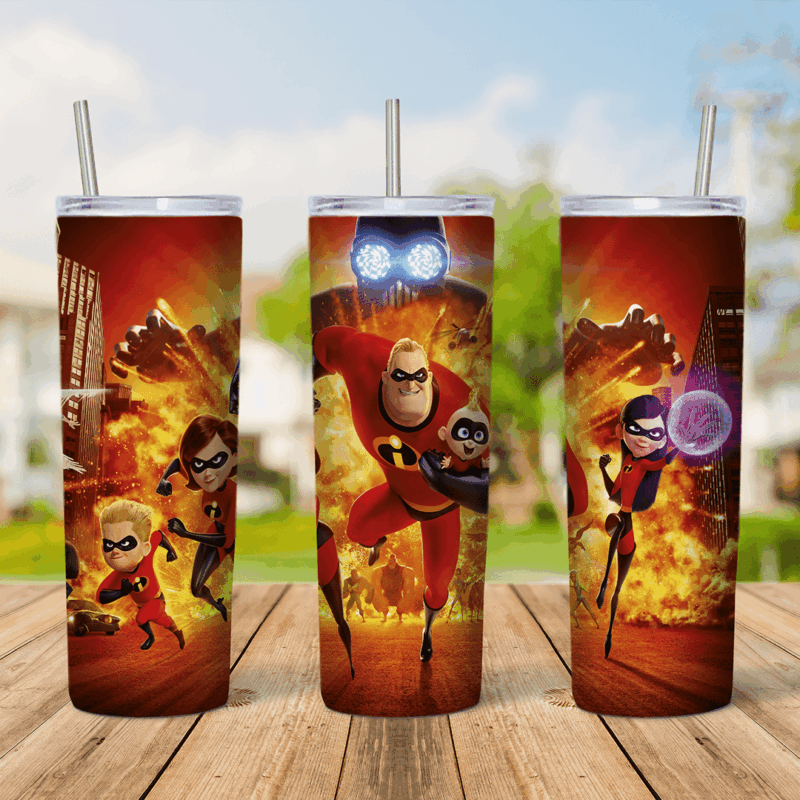 An Incredibles tumbler wrap: Mr. Incredible, Elastigirl, Violet, Dash and baby Jack-Jack running forward in red suits in front. Sublimation design