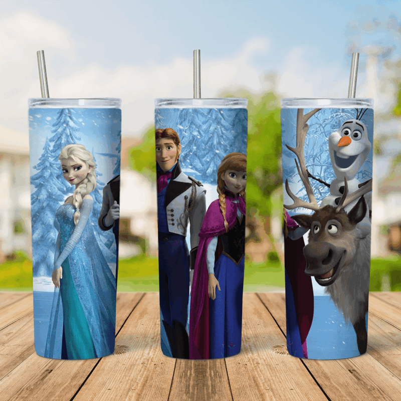 A 20 oz skinny tumbler wrap with the Frozen cast in a snowy forest: Elsa in her ice blue gown, Hans, Anna in her purple cape. Sublimation design
