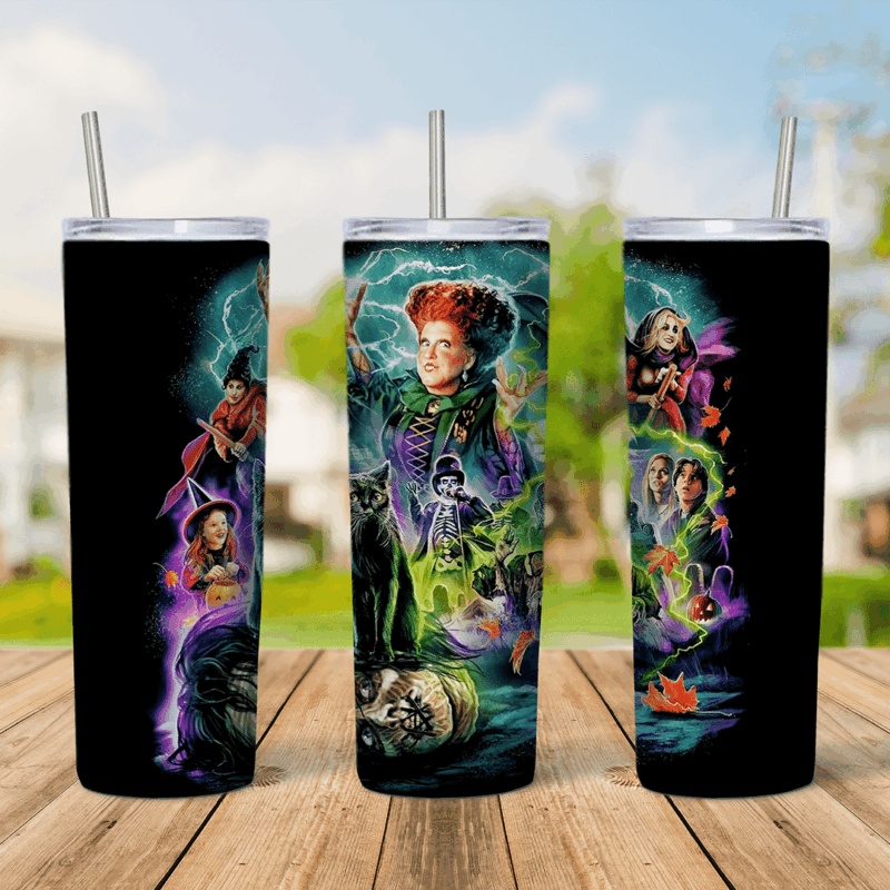 A 20 oz skinny tumbler wrap with neon painted Hocus Pocus art on black: Winifred, Mary and Sarah Sanderson, Binx the black cat. Sublimation design