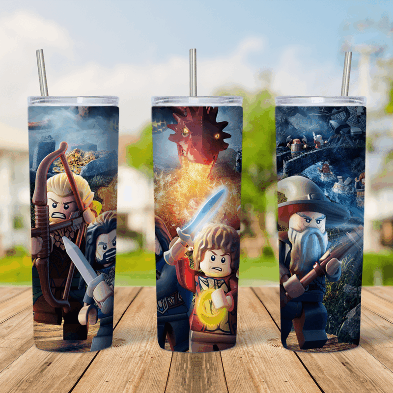 A full 20 oz skinny tumbler wrap with a Lego Hobbit scene: Lego Bilbo holding a glowing sword, a fire breathing dragon and Lego. Sublimation design