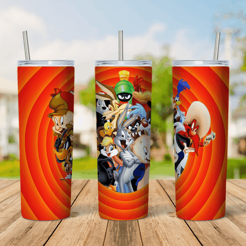 A 20 oz skinny tumbler wrap with orange and red Looney Tunes rings and the characters: Bugs Bunny, Taz, Wile E. Coyote, Marvin. Sublimation design