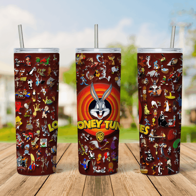 A 20 oz skinny tumbler wrap with a dense collage of small Looney Tunes characters on dark red and a Bugs Bunny head inside. Sublimation design