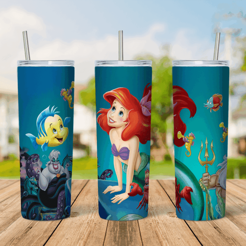 A 20 oz skinny tumbler wrap in teal with Ariel resting on a rock, Flounder, Sebastian, Ursula and King Triton’s trident. Sublimation design