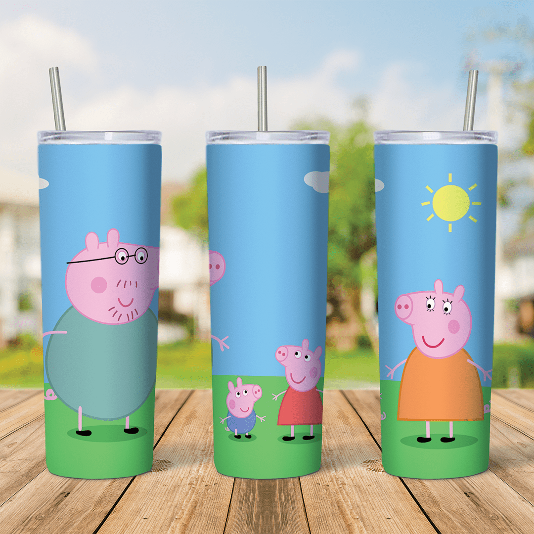 A full 20 oz skinny tumbler wrap with a Peppa Pig scene: Peppa, George, Mummy Pig and Daddy Pig standing on green grass under. Sublimation design
