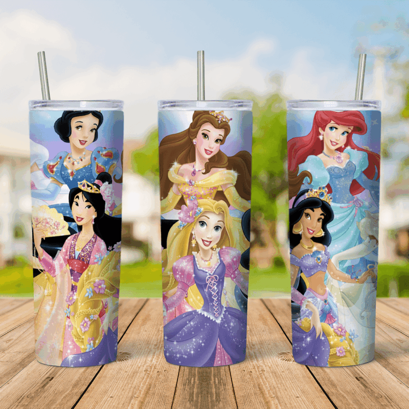 A 20 oz tumbler wrap with Disney princesses in sparkly gowns: Snow White and Mulan on one side, Belle and Rapunzel in the middle. Sublimation design