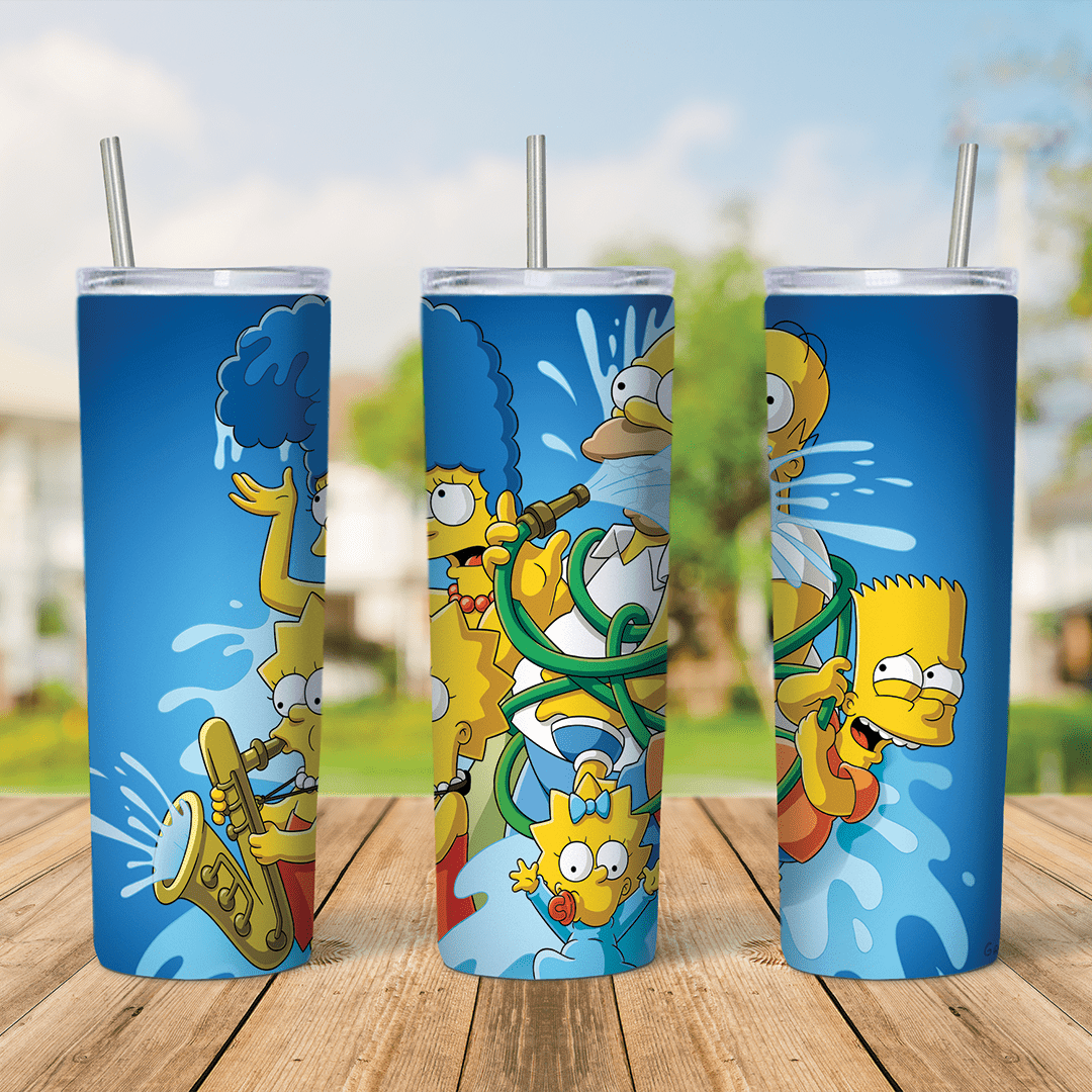 A skinny tumbler wrap with The Simpsons in full color: Homer, Marge, Bart, Lisa and Maggie tumbling through a splash of water. Sublimation design