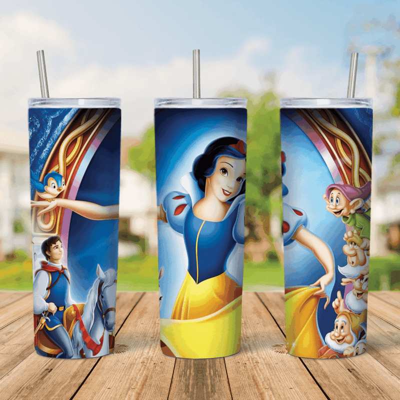 A full 20 oz skinny tumbler wrap with Snow White in her blue and yellow dress under an arch, the prince on his white horse. Sublimation design