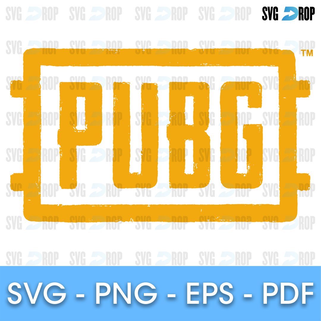 A PUBG logo in orange yellow: bold, blocky PUBG lettering inside a rectangular frame with notched sides, in the look of the game’s title. SVG cut file