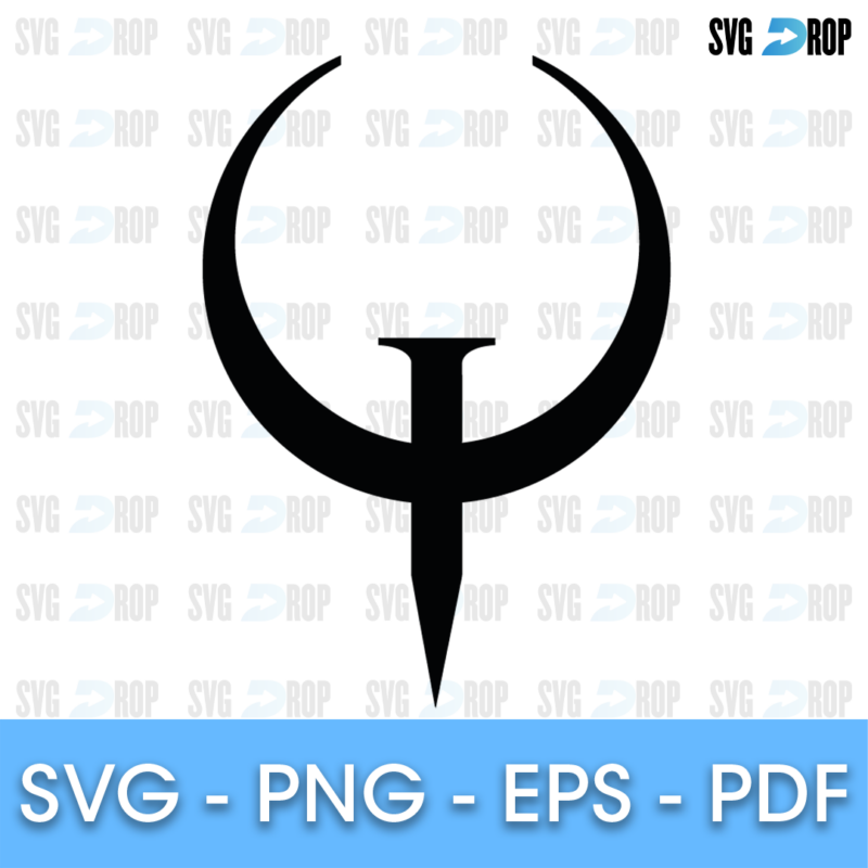 A Quake logo in black: the curved, horned Q emblem with a long vertical spike through the center, drawn as a single solid shape. SVG cut file