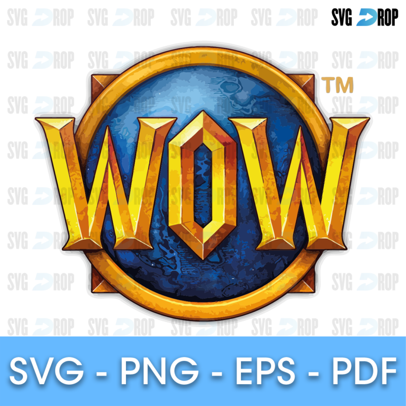 A World of Warcraft logo design: the WoW letters in gold and orange metal inside a round blue and gold frame. SVG cut file