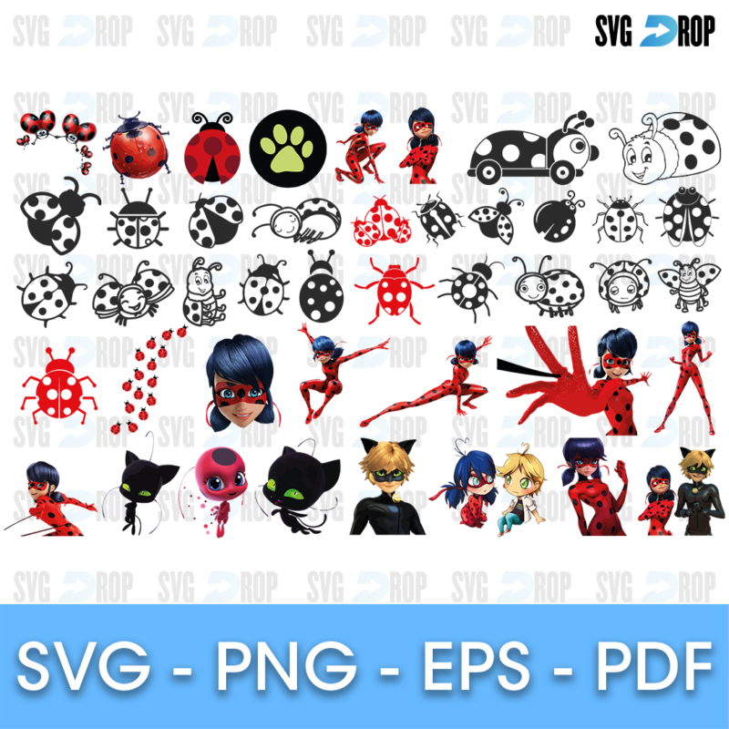 A Miraculous Ladybug set: black ladybug silhouettes and outlines, the Ladybug yo-yo and paw symbol, plus full color Ladybug, Cat Noir. SVG bundle