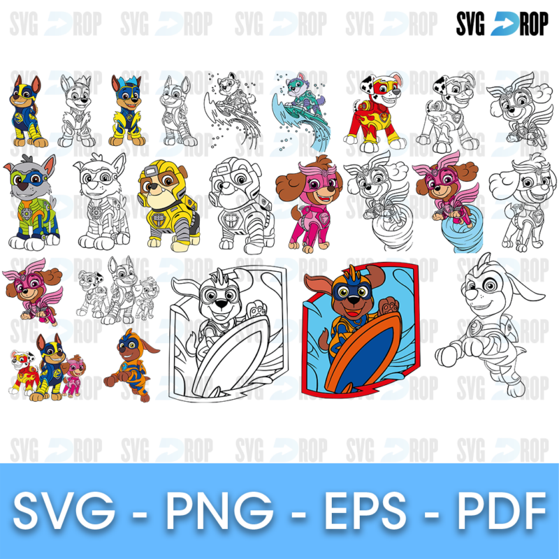 A Paw Patrol superhero pups set in full color and black outline versions: the pups in hero suits and masks, flying and posing. SVG bundle