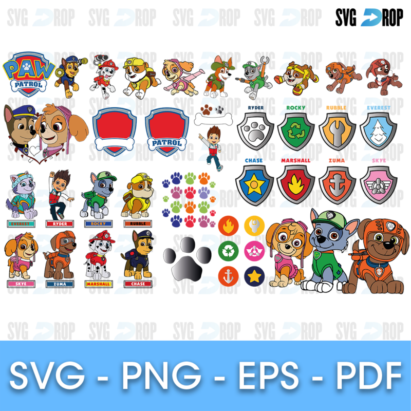 A full color Paw Patrol set: pups in many poses, Ryder, the Paw Patrol logo, named shield badges, colored paw prints and round pup icons. SVG bundle
