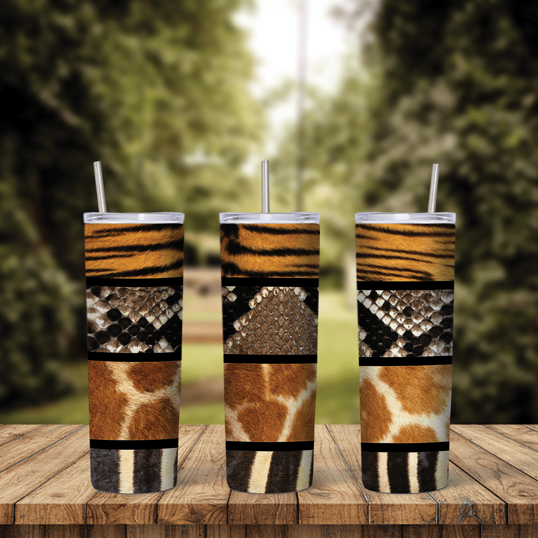 A full 20 oz skinny tumbler wrap with stacked bands of animal print: tiger stripes, snakeskin, cheetah fur, giraffe and zebra. Sublimation design