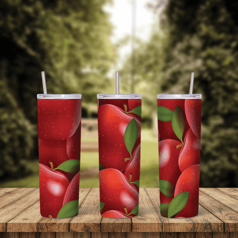 An apple tumbler wrap filled with shiny red apples and fresh green leaves packed close together, covering the whole cup. Sublimation design