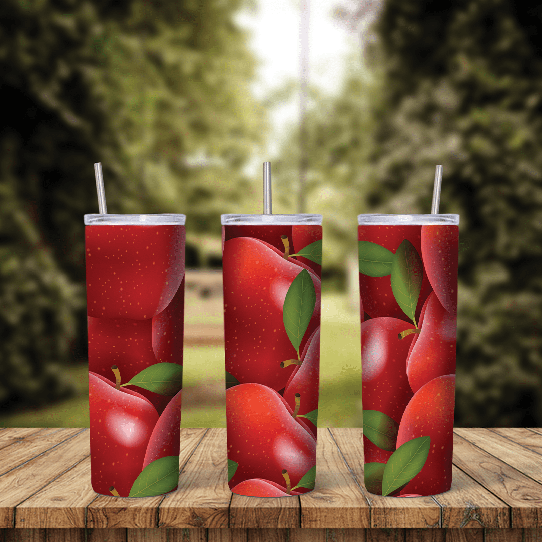 An apple tumbler wrap filled with shiny red apples and fresh green leaves packed close together, covering the whole cup. Sublimation design