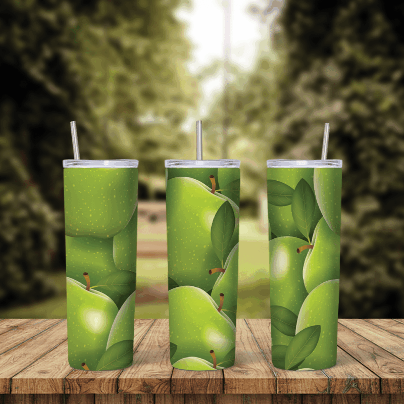 An apple tumbler wrap covered with a close pile of shiny green apples and green leaves, in a realistic fruit pattern around. Sublimation design