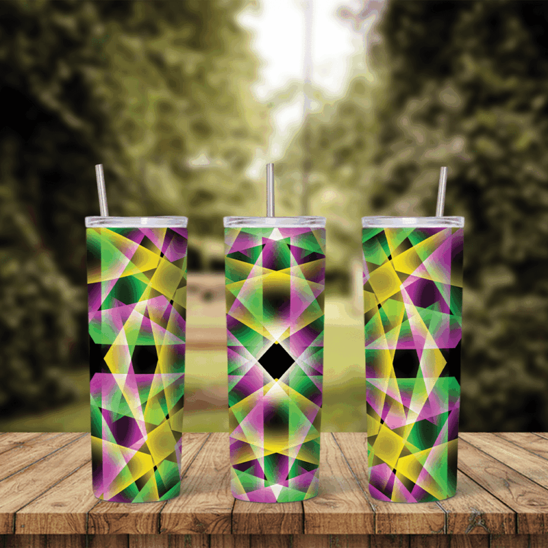 A colorful digital tumbler wrap with a kaleidoscope pattern of overlapping yellow, green and purple light rays and black diamonds. Sublimation design