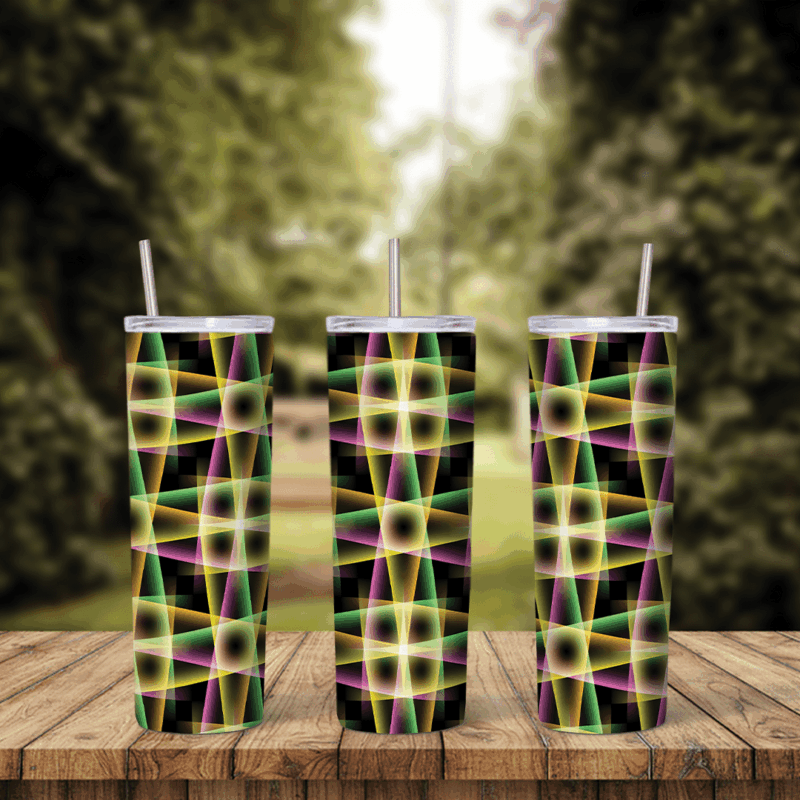 A colorful digital tumbler wrap with a glowing web of yellow, green and pink light lines crossing in a grid on black. Sublimation design